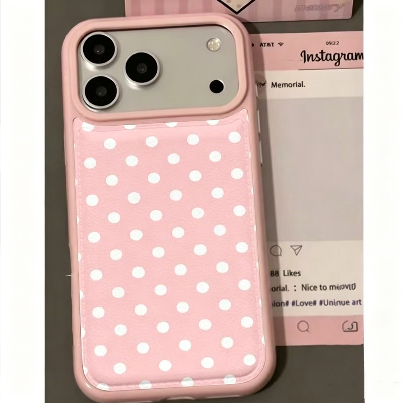 Phone Cases Korean - Capa de Couro Rosa com Bolinhas